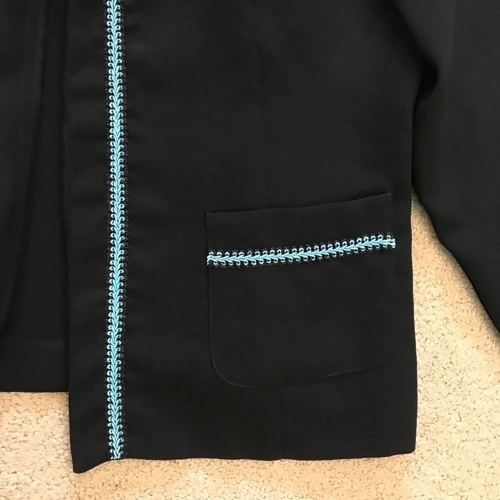 Studio Blazer Jacket Size 16 Black Light Blue Trim Pockets Easy Care Office Corp